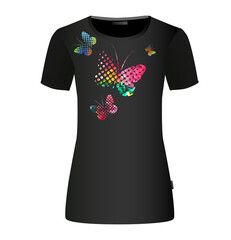 The abstract butterfly is multicolored. T-shirt print. Mixed media. Vector illustration