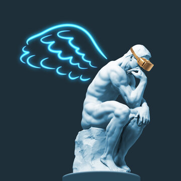 Sculpture of a thinker with VR glasses and painted wings behind his back
