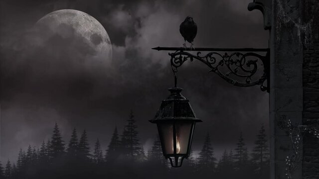 Raven on Lamp Misty Night Sky 4K loop features a raven perched on a flaming lamp with clouds, a pine forest, and a full moon in the background in a loop