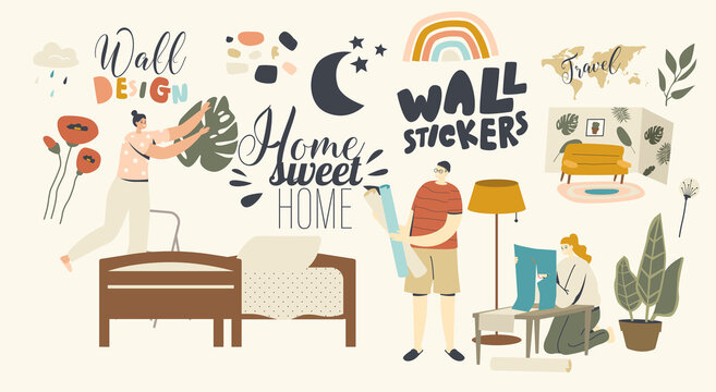 Home Decor Concept. Male and Female Characters Decorate Living Room or Bedroom with Wall Stickers. Coziness at Home