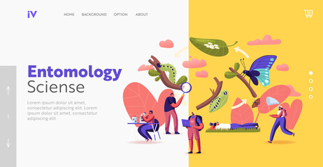 Entomology Hobby Landing Page Template .Entomologists Scientists or Amateurs Characters Create Insect Collection