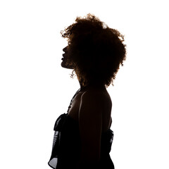 Shaded silhouette of a young African woman against a white background. The woman is standing...