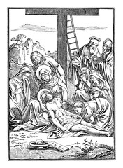13th or thirteenth Station of the Cross or Way of the Cross or Via Crucis. Jesus is taken down from the cross.Bible,New Testament.Antique vintage biblical religious engraving or drawing.