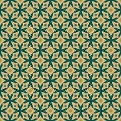 Fototapeta premium Abstract geometric seamless pattern. Elegant vector texture with curved shapes, grid, lattice, crosses, floral silhouettes, squares, diamonds. Green and gold colored background. Vintage ornament