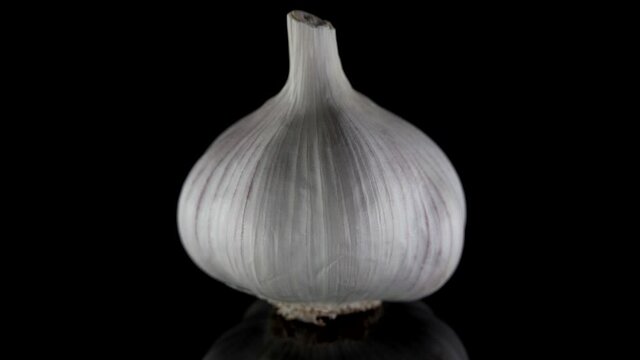garlic bulb rotating on black background in studio, closeup view, rotating
