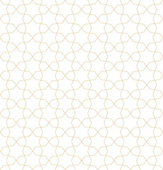 Abstract geometric seamless pattern in Oriental style. Vector golden ornament with thin lines, mosaic, subtle floral grid. Gold and white background. Modern minimal design for decor, wallpaper, web