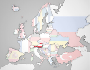 3D Europakarte auf der Österreich hervorgehoben wird und die restlichen Flaggen transparent sind
