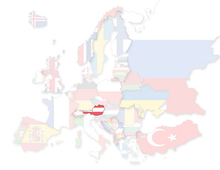 3D Europakarte auf der Österreich hervorgehoben wird und die restlichen Flaggen transparent sind