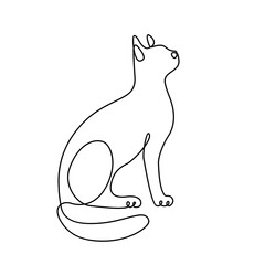 Continuous one line art style. Cat sitting with curled tail. Sitting cat drawing using single one line drawing. Isolated on white background.hand drawn minimalism style vector illustration