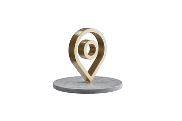 3D icon of pin on isolated white background. Shiny golden icon on marble cylinder. 3D render of modern icon