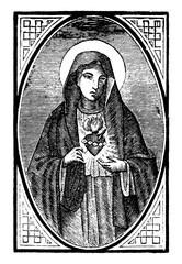 Fototapeta premium Hearth of Virgin Mary. Christian vintage engraving or line drawing illustration.