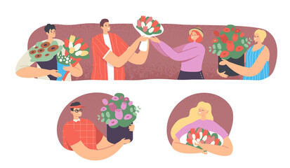 Young Male Characters Giving Flowers to Women. Pleasant Surprise, Congratulation with Holidays or Romantic Date