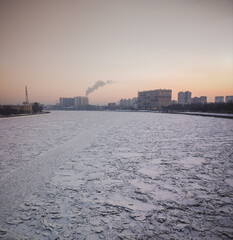 The texture of the ice and snow.The frozen Neva River in St. Petersburg