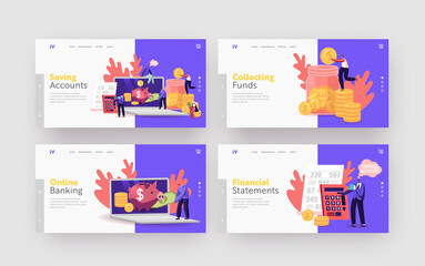 Money Savings Account, Budget or Deposit Landing Page Template Set. Tiny Characters Put Golden Coins in Huge Piggy Bank