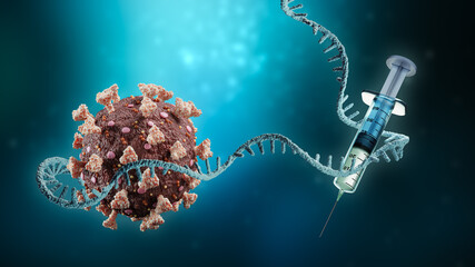 Coronavirus or sars-cov-2 virus cell with messenger RNA or mRNA and syringe on blue background 3D rendering illustration with copy space. Vaccination or vaccine, science, medical technology concept. - obrazy, fototapety, plakaty