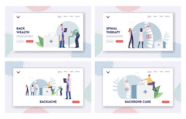 Obraz na płótnie Canvas Characters Suffer of Backache or Lumbago Landing Page Template Set. Unhealthy People Visiting Doctor for Spine Treatment