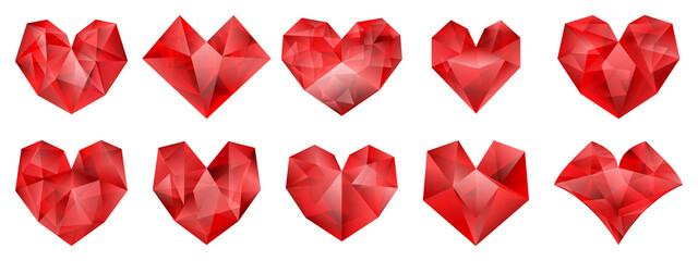 Set of red hearts of various shape made of crystals
