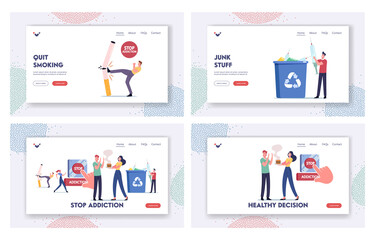 Fototapeta na wymiar Stop Addiction Landing Page Template Set. Characters Give Up Smoking and Unhealthy Eating. People Fight with Bad Habits