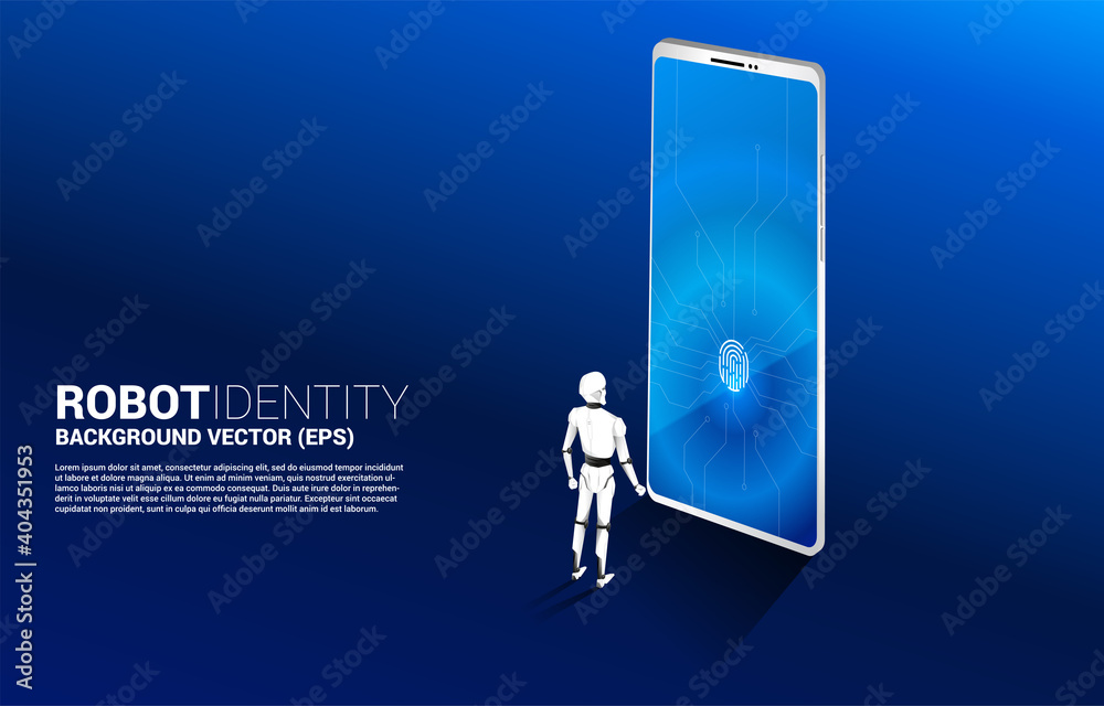 Poster Robot with Finger scan access icon on mobile phone screen. concept of artificial intelligence and machine learning identity.