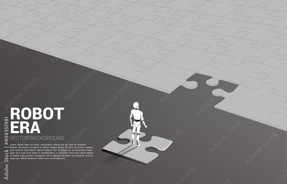 Poster Robot standing on jigsaw. concept of artificial intelligence and machine learning worker technology