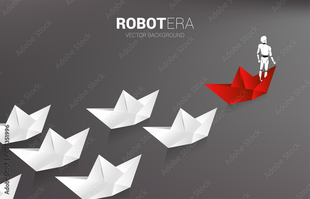 Poster robot on red origami paper ship leading the white. concept of artificial intelligence and machine le