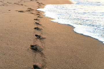 Footprints of bare feet on the sand of a seaside near the water