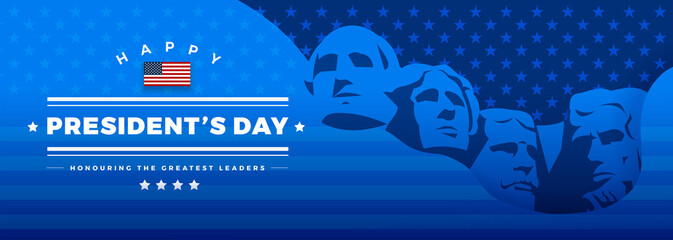Presidents Day banner blue background vector illustration lettering Happy President's Day Rushmore USA presidents - obrazy, fototapety, plakaty