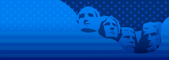 Presidents day background dark blue vector - USA Rushmore Presidents illustration, stars and stripes texture - obrazy, fototapety, plakaty