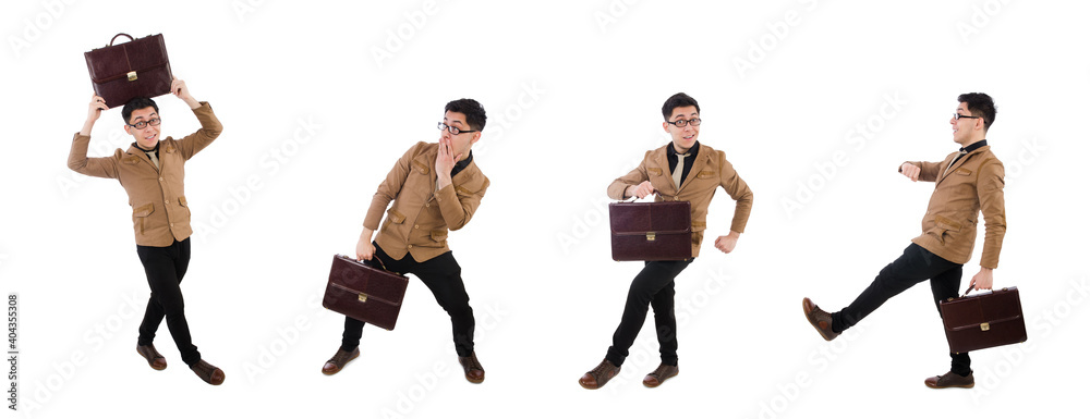 Sticker young man with brown briefcase isolated on white