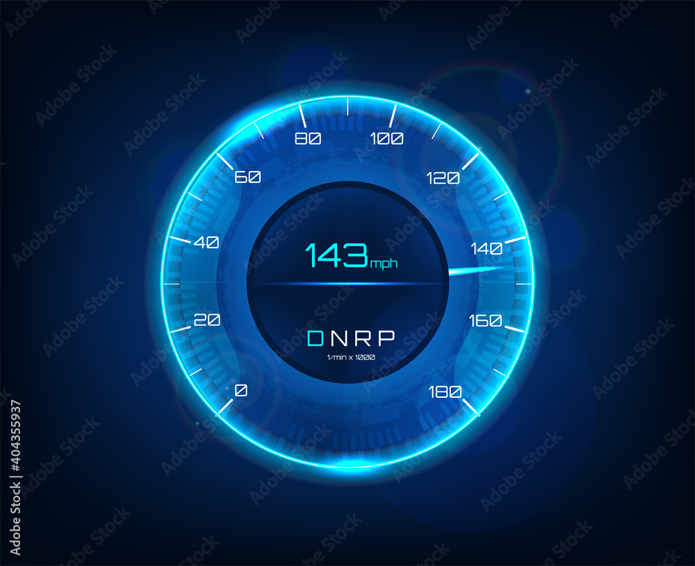 Poster Modern car speedometer. Futuristic speedometer and tachometer for car with speed in miles and transfer, blue color. HUD dashboard auto. Vector isolated illustration