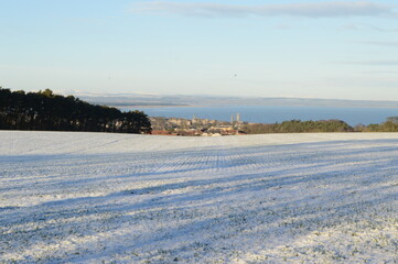 Snow covers fields surrounding St Andrews, Scotland,, 8 January 2021