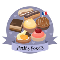 Petits fours traditional French dessert. Colorful illustration in cartoon style.