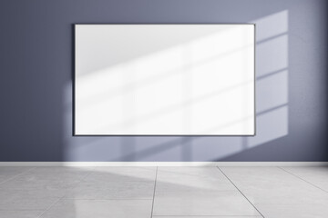 Minimalistic gallery interior with empty banner on blue wall