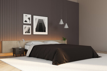 Bedroom interior with bed and picture on wall