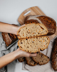 Fresh loaves of bread on a white table