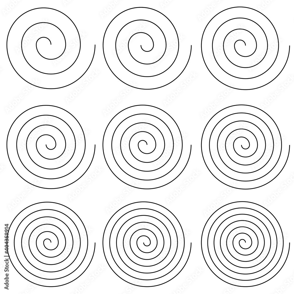 Poster Set of spirals with different number turns of scroll, vector simple helix spiral round turns gyre