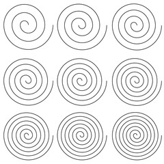 Set of spirals with different number turns of scroll, vector simple helix spiral round turns gyre