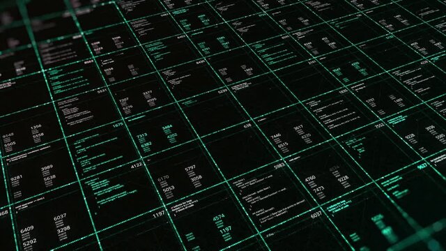 Abstract digital data report of an enterprise, seamless loop. Animation. Statistics, financial market data, analysis and reports, numbers and graphs in green color on black background.