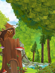 cartoon scene with owl sitting in the tree by day near the forest - illustration