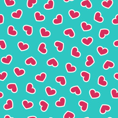 Green seamless pattern Valentine's Day with pink hearts. Valentine endless ornament with beautiful stickers - hearts. Concept of love and Valentines day.