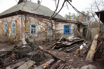 A very old house. Abandoned house, old courtyard. Vintage. Windows of an old house. Old yard with chickens. Background.