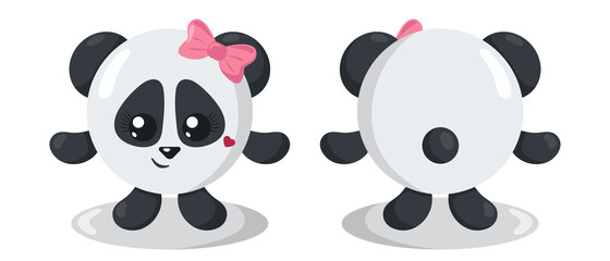 Funny cute kawaii panda with round body in flat design with shadows, front and back. Isolated animal vector illustration	