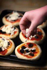 Mini pizza cooking. Home-made fast food.