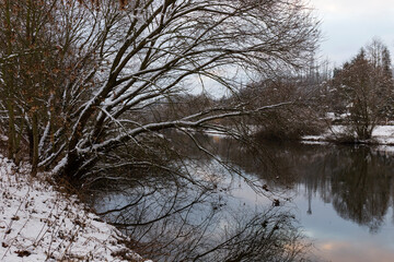 Naklejka na ściany i meble Snowy Landscape in central Bohemia around River Sazava, Czech Republic
