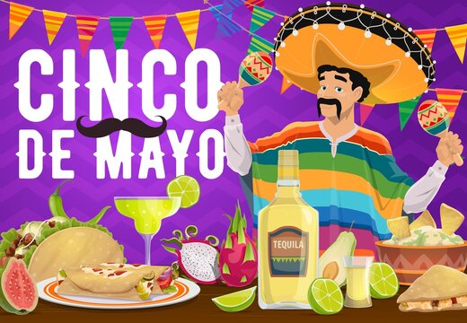 Cinco de Mayo Mexican holiday food and mariachi vector design. Fiesta party musician with sombrero hat, maracas and moustache, tacos, burrito, tequila and guacamole, festive carnival greeting card