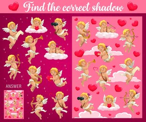 Saint Valentine holiday child find correct shadow game with amours. Children game with matching task, kids puzzles book page. Cupids character with musical instruments, bow and heart cartoon vector