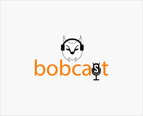 Animal podcast logo template, microphone and bobcat symbol, simple vector icon 