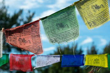 Tibetan prayer flags in closeup with a background or blue sky and tree branches 