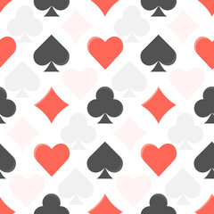 Flat vector black and red colorful seamless pattern with playing cards suits. Diamonds, clubs, hearts and spades texture for leisure activity games design, textile, wrapping paper, background