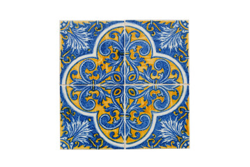 Padrão de azulejos típicos portugueses com cores azuis e amarelas 